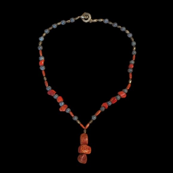 Red Coral Sodalite Stone Lariat Necklace Handmade Native Inspired Boho Choker - Picture 1 of 5